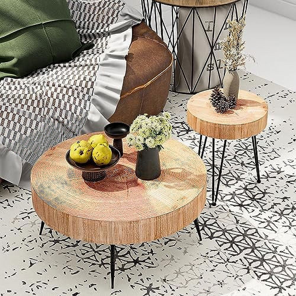 Round Nesting Coffee Table Set with Wood Radial Pattern J34147