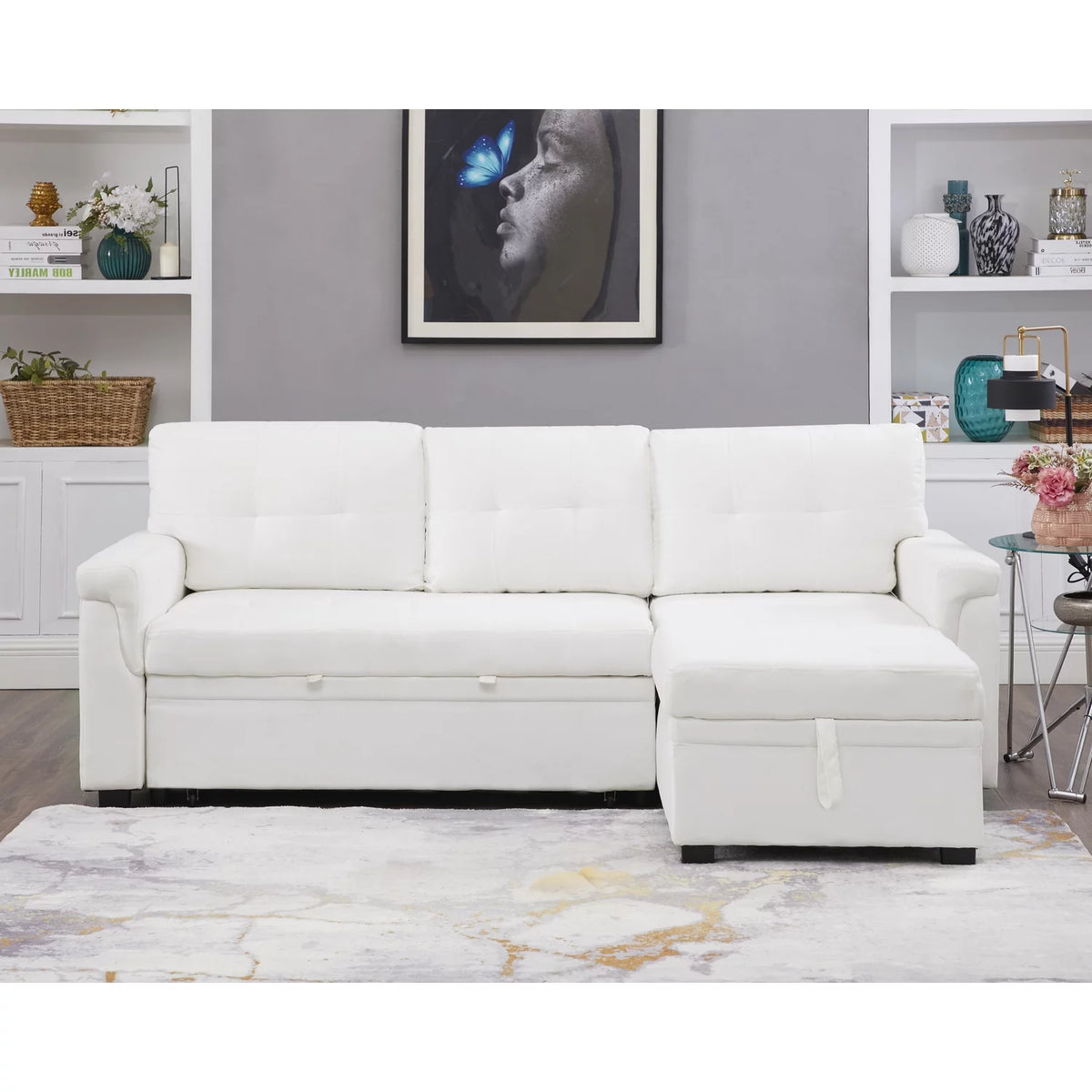 White Velvet L-Shaped Sleeper Sofa L34707