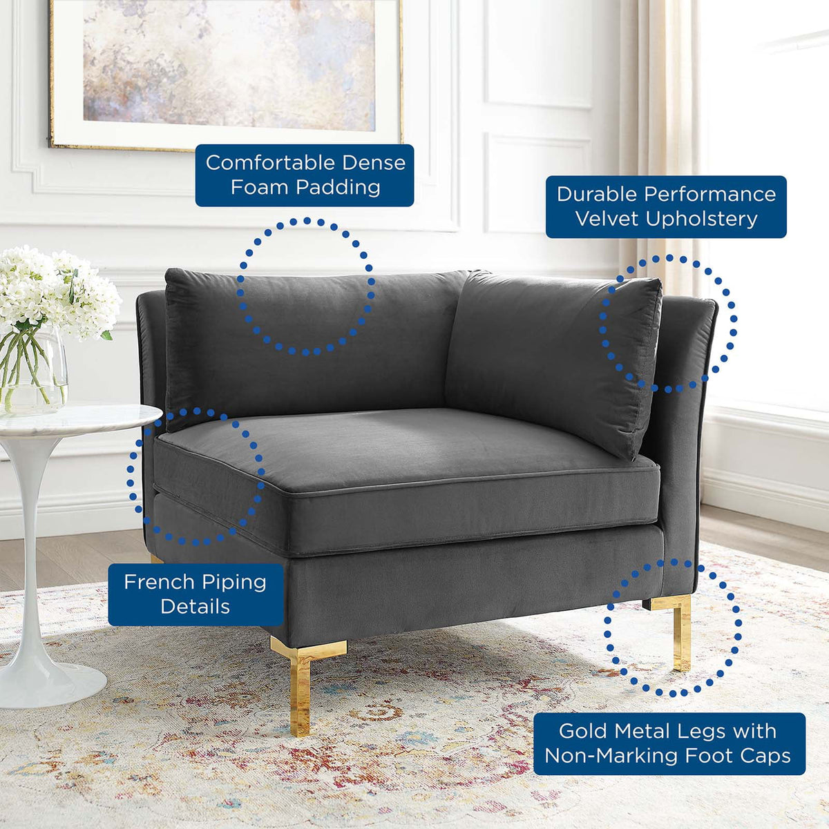 Gray Performance Velvet Sectional Sofa Corner Chair Z107