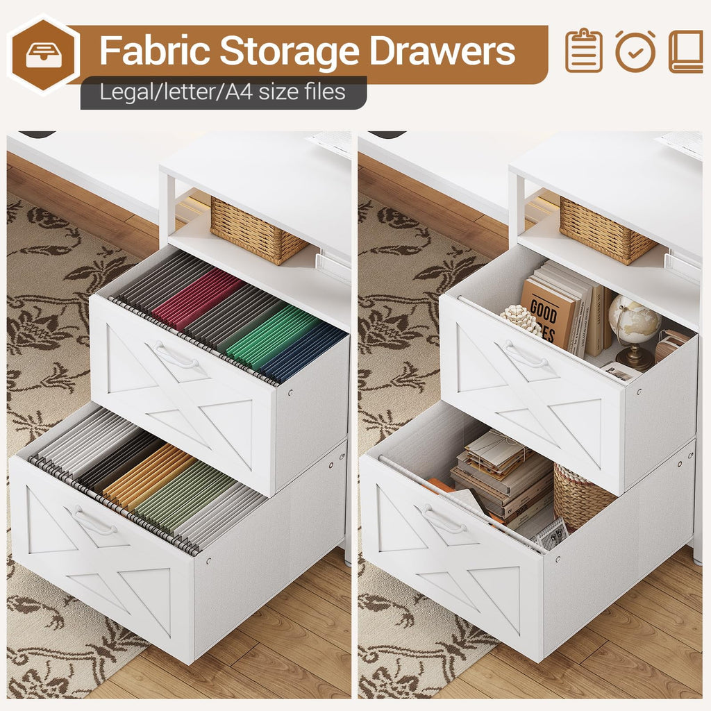 L Shaped Desk with Power Outlet and 2 Drawers, White J113
