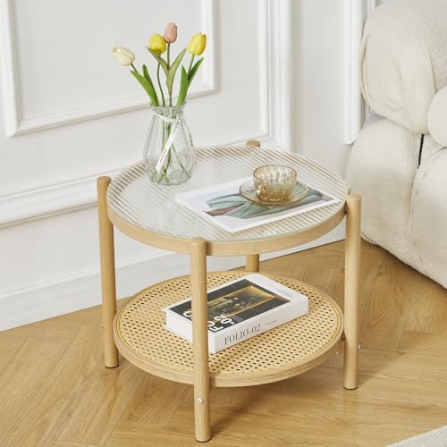 27.5" Boho Rattan Round Glass Coffee Table Z51440