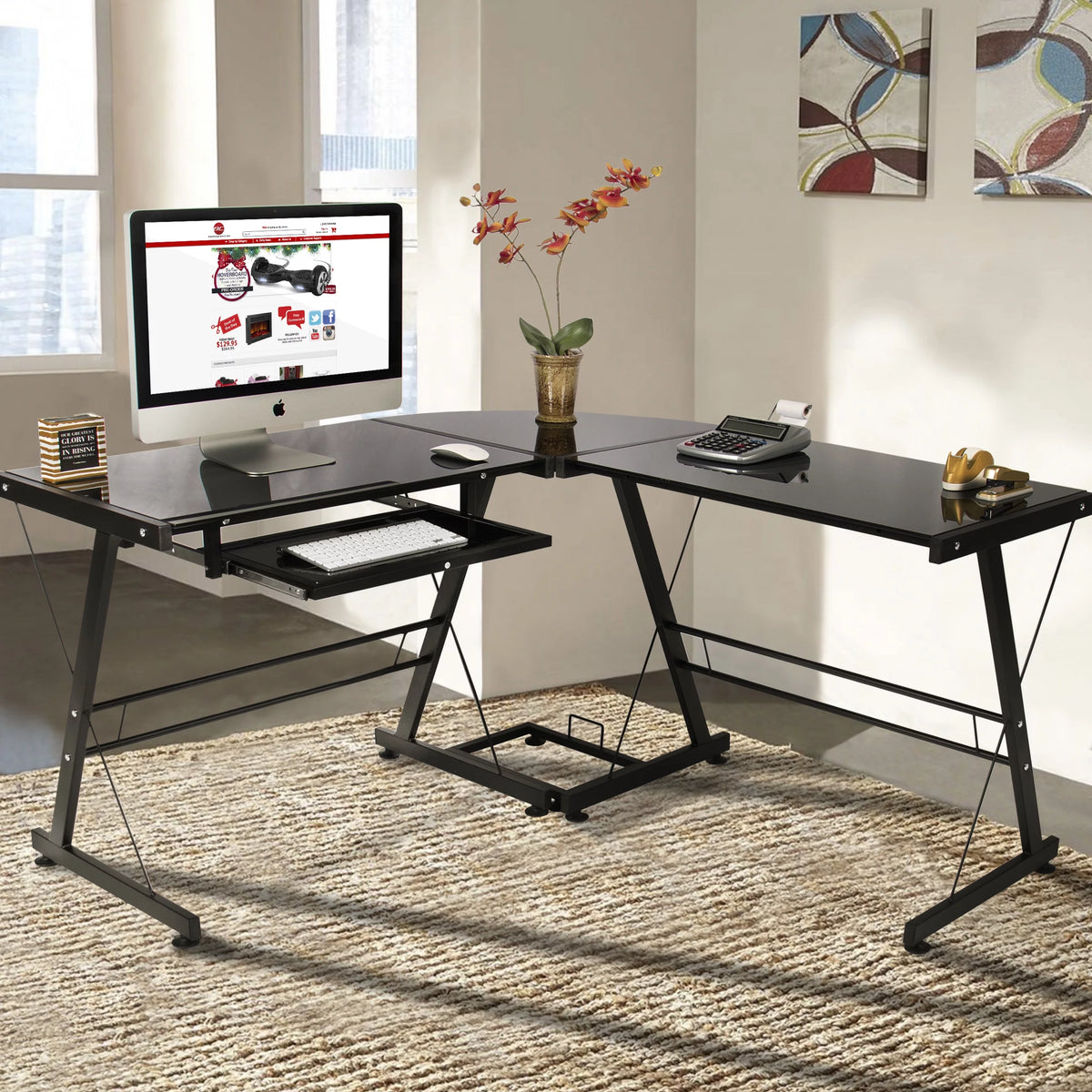 L-Shape Computer Desk with Black Glass E2399