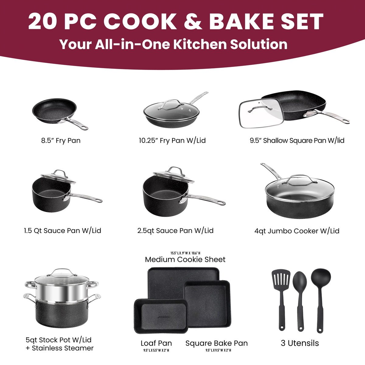 20 Pcs Nonstick Granite Stone Cookware and Bakeware Set J34757