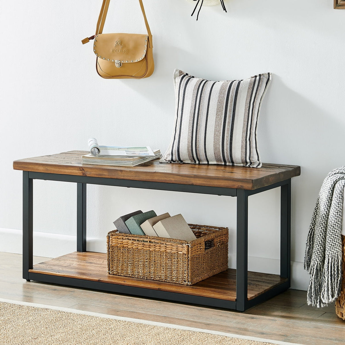 Rustic Wood Bench with Low Shelf V8363