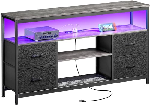 Black 4 Drawer TV Stand Dresser with Power Outlets and LED Lights F39969