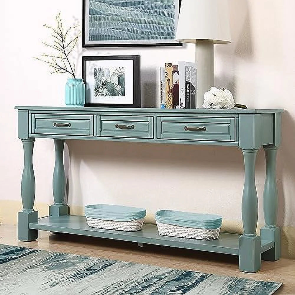 White 63 inch Wood Console Table with 3 Drawers V7063