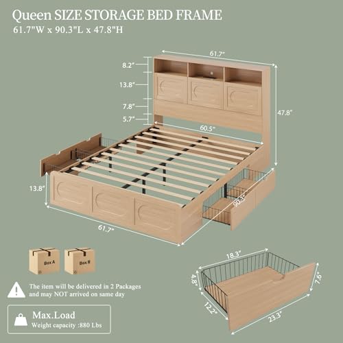 Queen Size Wood Bed Frame with Storage Headboard and 4 Drawers S898
