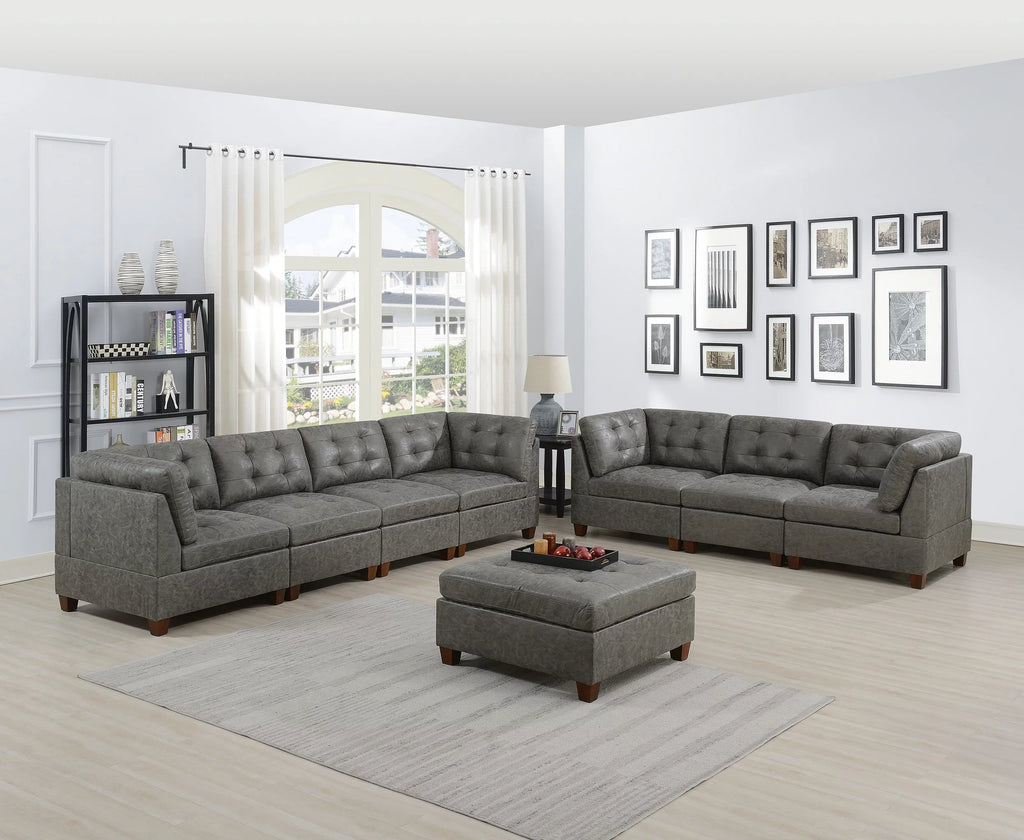 Antique Grey Leatherette Sofa Set 8pcs V14981