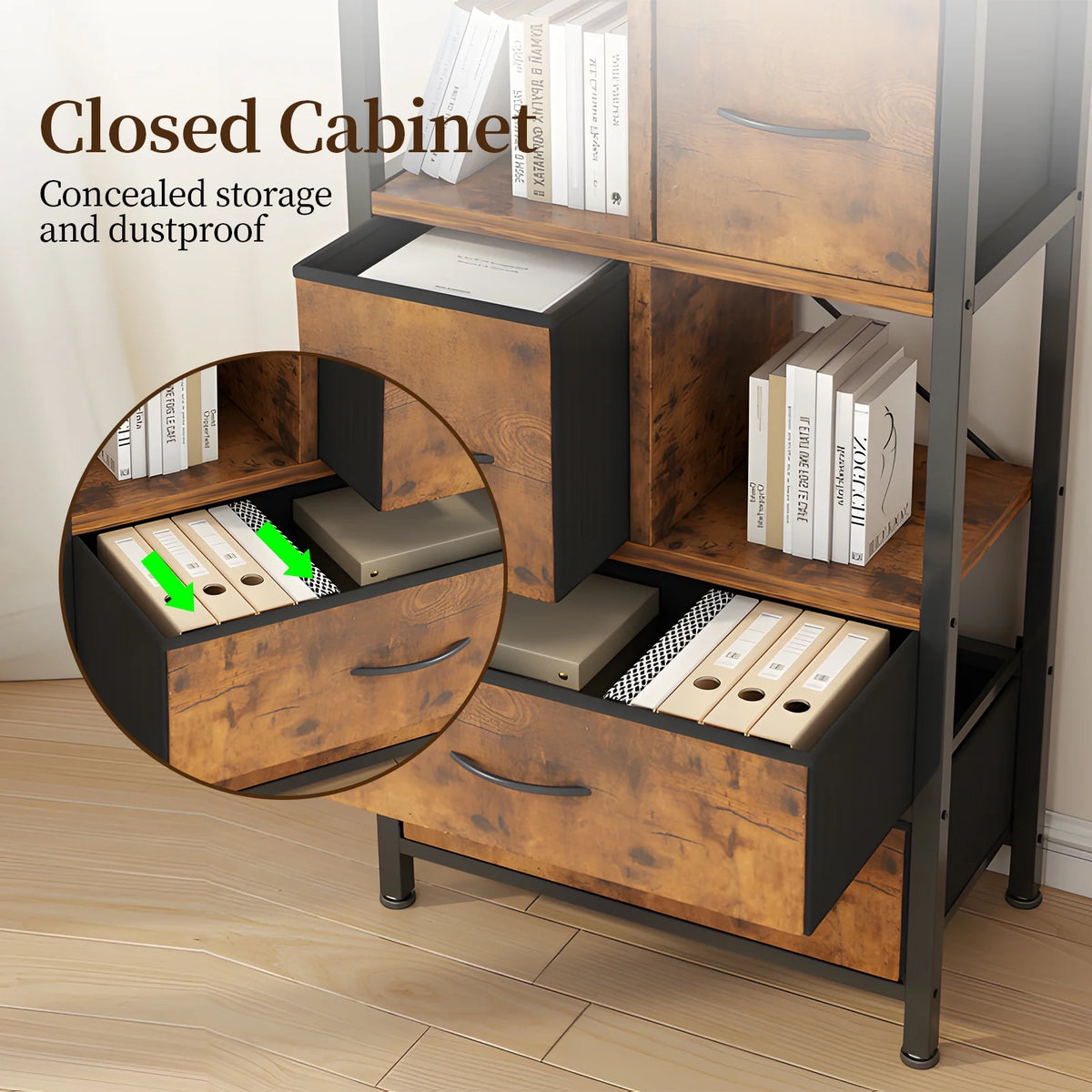 5 Tier Book Shelf with 4 Drawers, Rustic Oak Shelves & Metal Frame X514