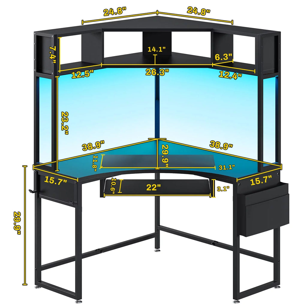 Black Corner Desk with Hutch and LED Lights T5916