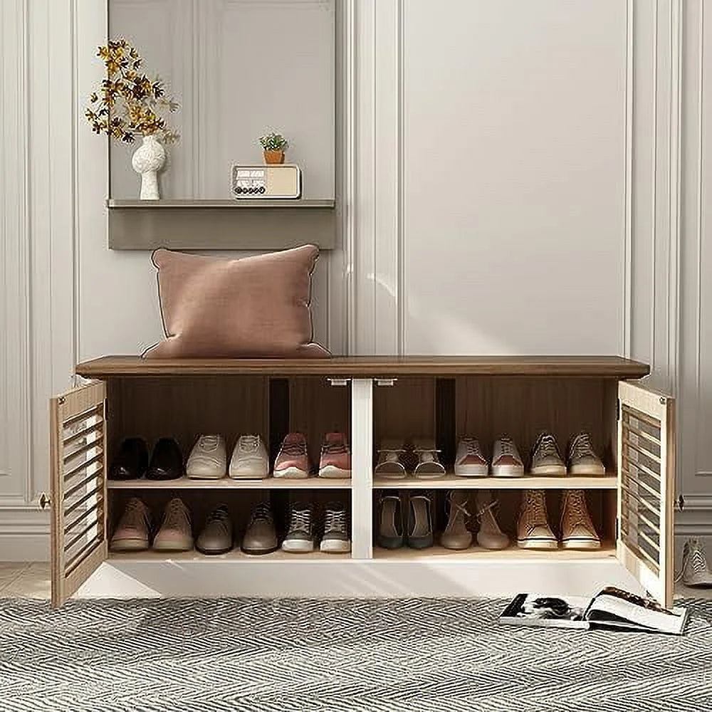 Brown and White Shoe Bench with Shelves W795318