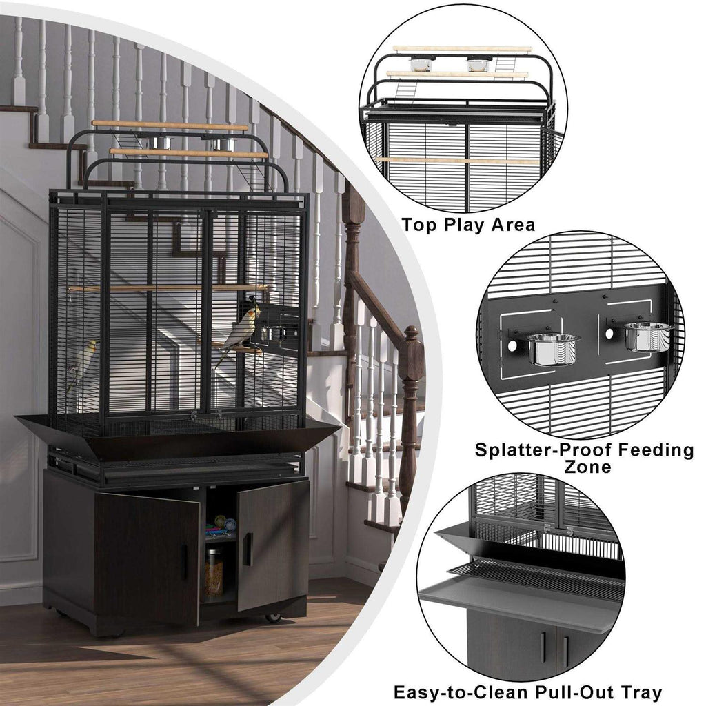 71-Inch Bird Cage with Play Top and Rolling Storage Cabinet E139