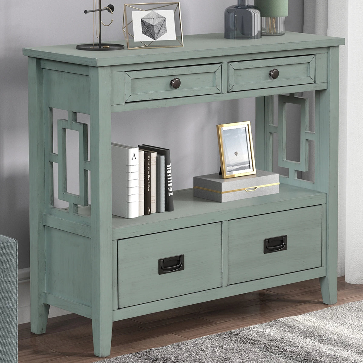 36'' Pine Wood Console Table with 4 Drawers G81484