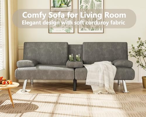 Green Corduroy Futon Sofa Bed with 2 Cup Holders A149