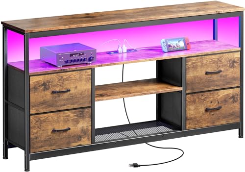 Black 4 Drawer TV Stand Dresser with Power Outlets and LED Lights F39969
