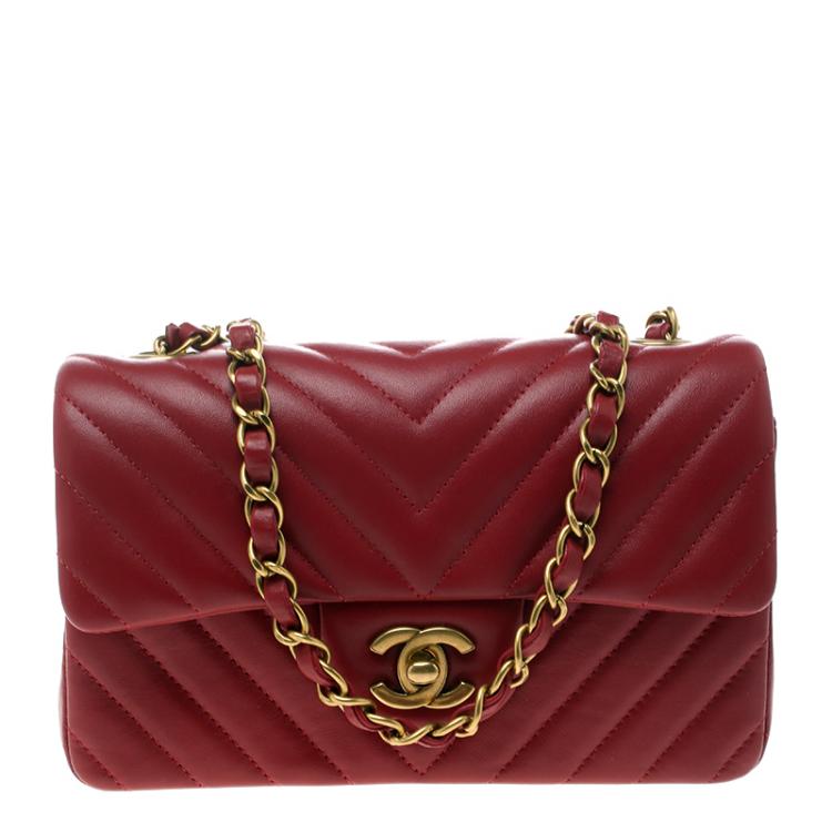 Dark Red Chevron Leather Mini Classic Flap Bag Q452938