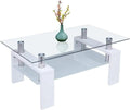 White Glass Coffee Table with Lower Shelf Wooden Legs M555275