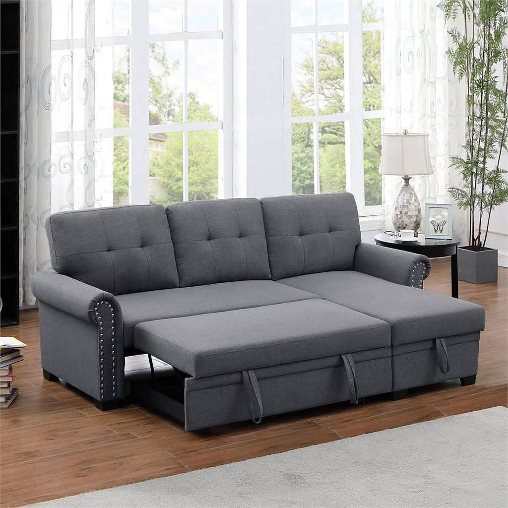 Dark Gray Reversible Fabric Sleeper Sofa with Storage Chaise O805