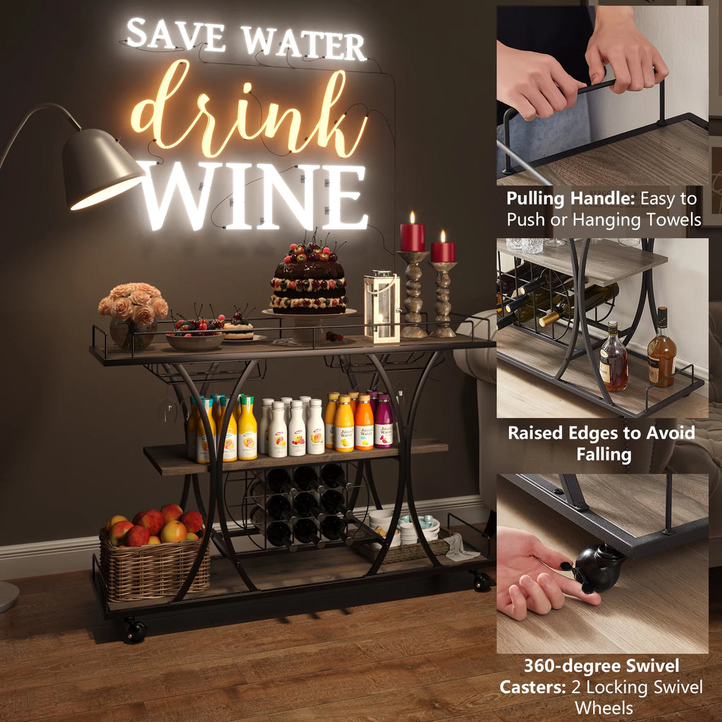 3 Tier Rolling Bar Cart with Wine Rack and Glass Holder Y515986