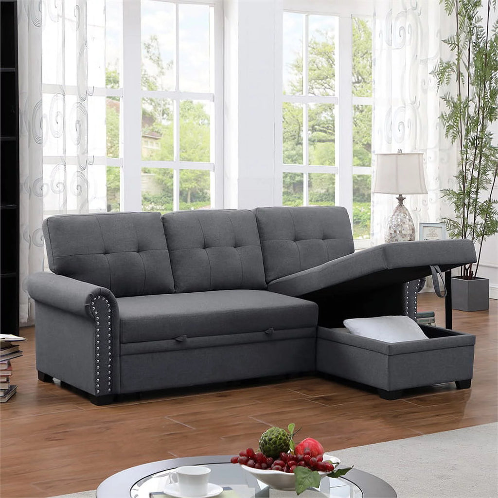 Dark Gray Reversible Fabric Sleeper Sofa with Storage Chaise O805