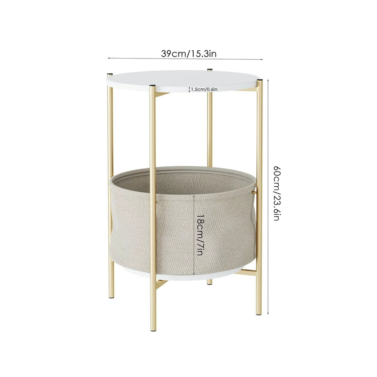 White and Gold Round Nightstand with Storage Pocket R93804