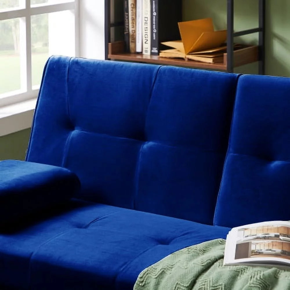 Blue Velvet Convertible Futon Sofa Bed with 2 Cup Holders R6527