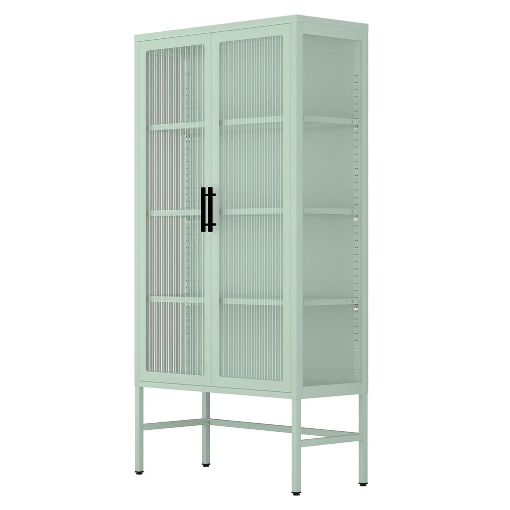 Mint green Double Glass Door Adjustable Shelves Cold-Rolled Steel Storage Cabinet S3617