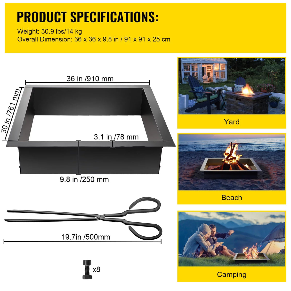 30" Square Heavy Duty Steel Fire Pit Ring K4390