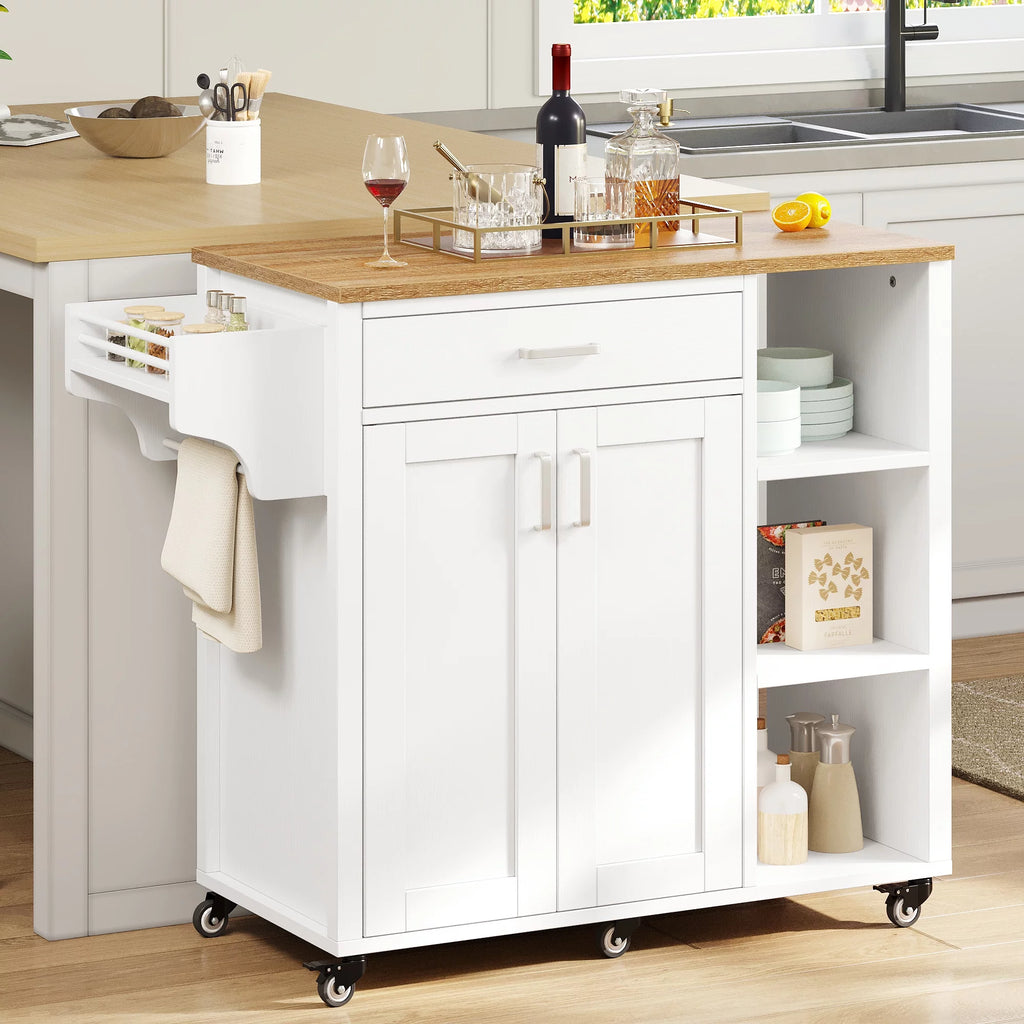 White Kitchen Island Cart with Storage Cabinet and Drawer C156