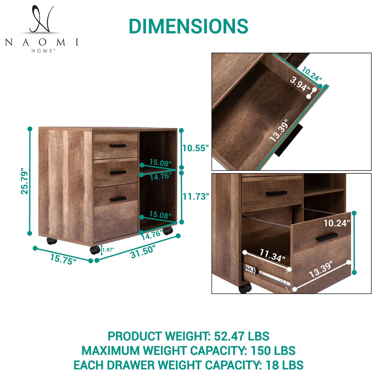 Rolling Office Cabinet with Drawers, Walnut P5771