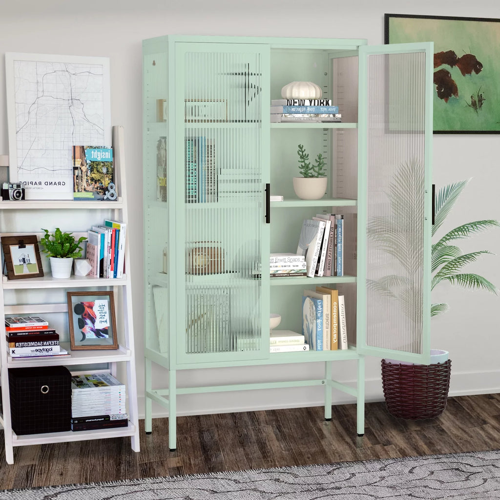 Mint green Double Glass Door Adjustable Shelves Cold-Rolled Steel Storage Cabinet S3617