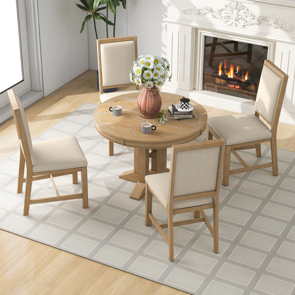 5-Piece Dining Set with Extendable Round Table and 4 Upholstered Chairs G347