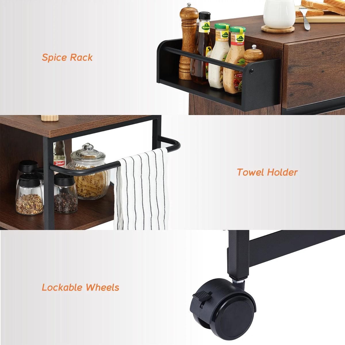 Kitchen Island on Wheels with Open Shelf D982