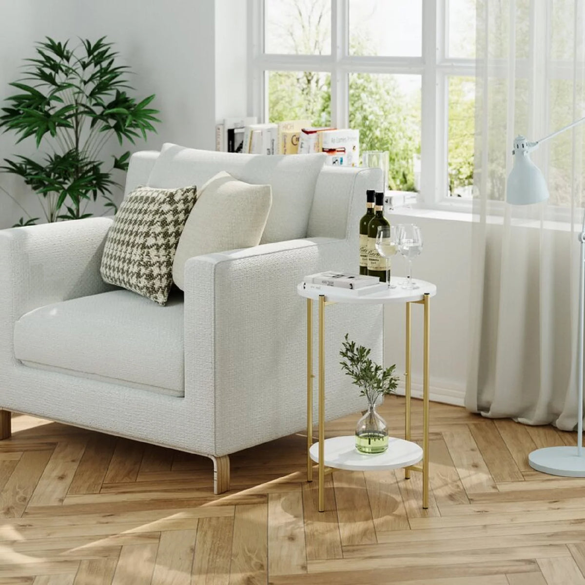 White and Gold Round Nightstand with Storage Pocket R93804