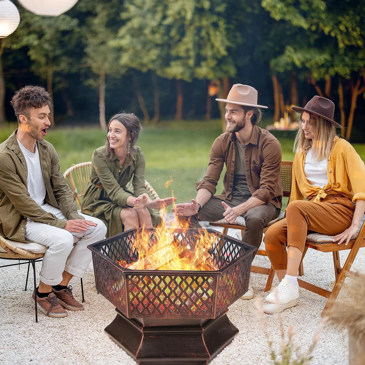 28'' Hex Shaped Steel Wood Burning Fire Pit with Spark Screen & Fire Poker L63982