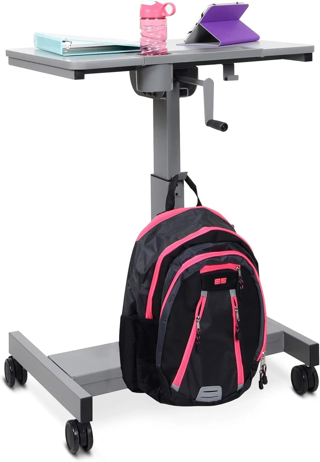 Height Adjustable Sit Stand Desk with Crank Handle and Pencil, Water Bottle Holder T480009