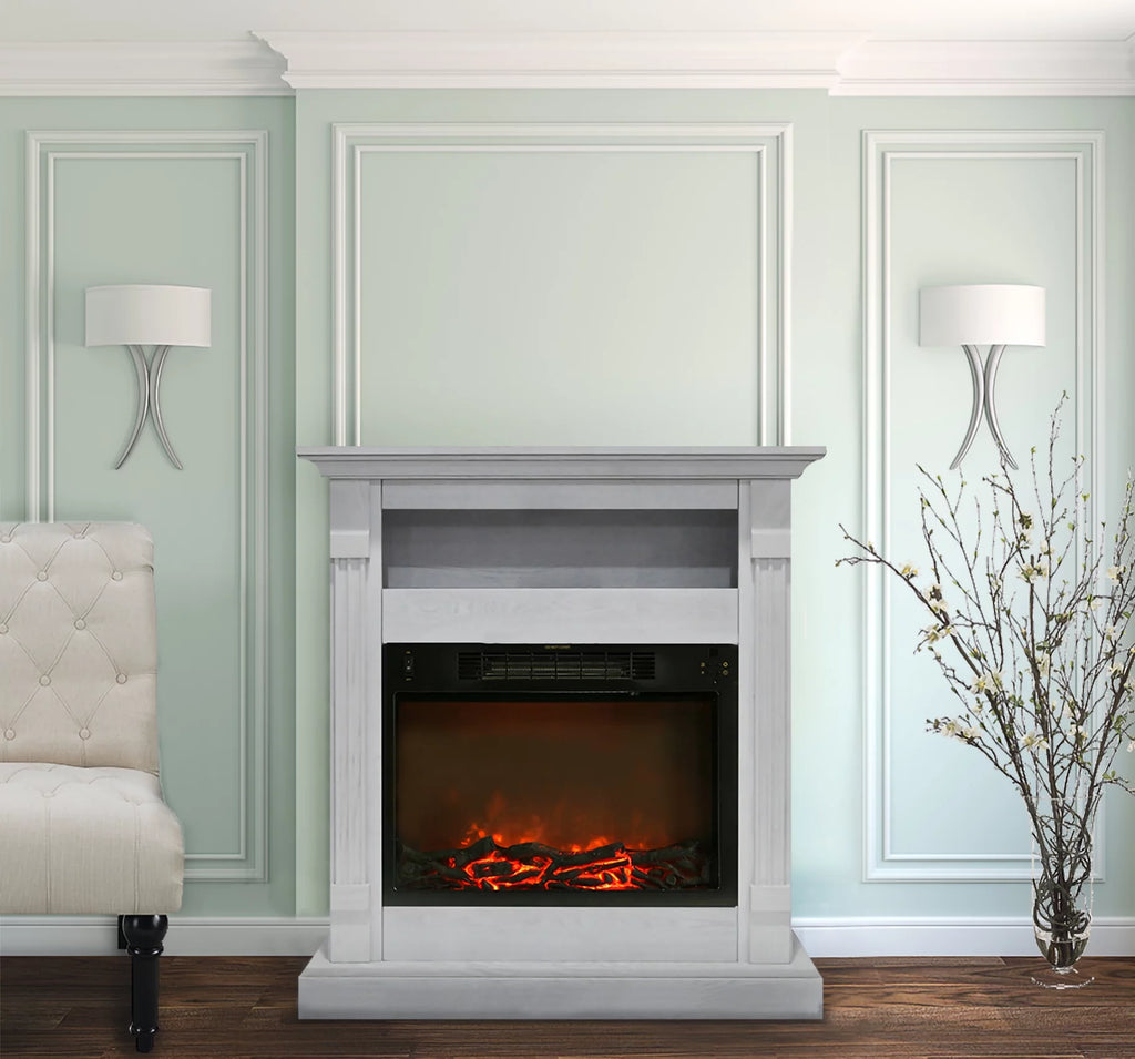 34" Freestanding White Electric Fireplace Heater with Storage Shelf & Remote Control J4860