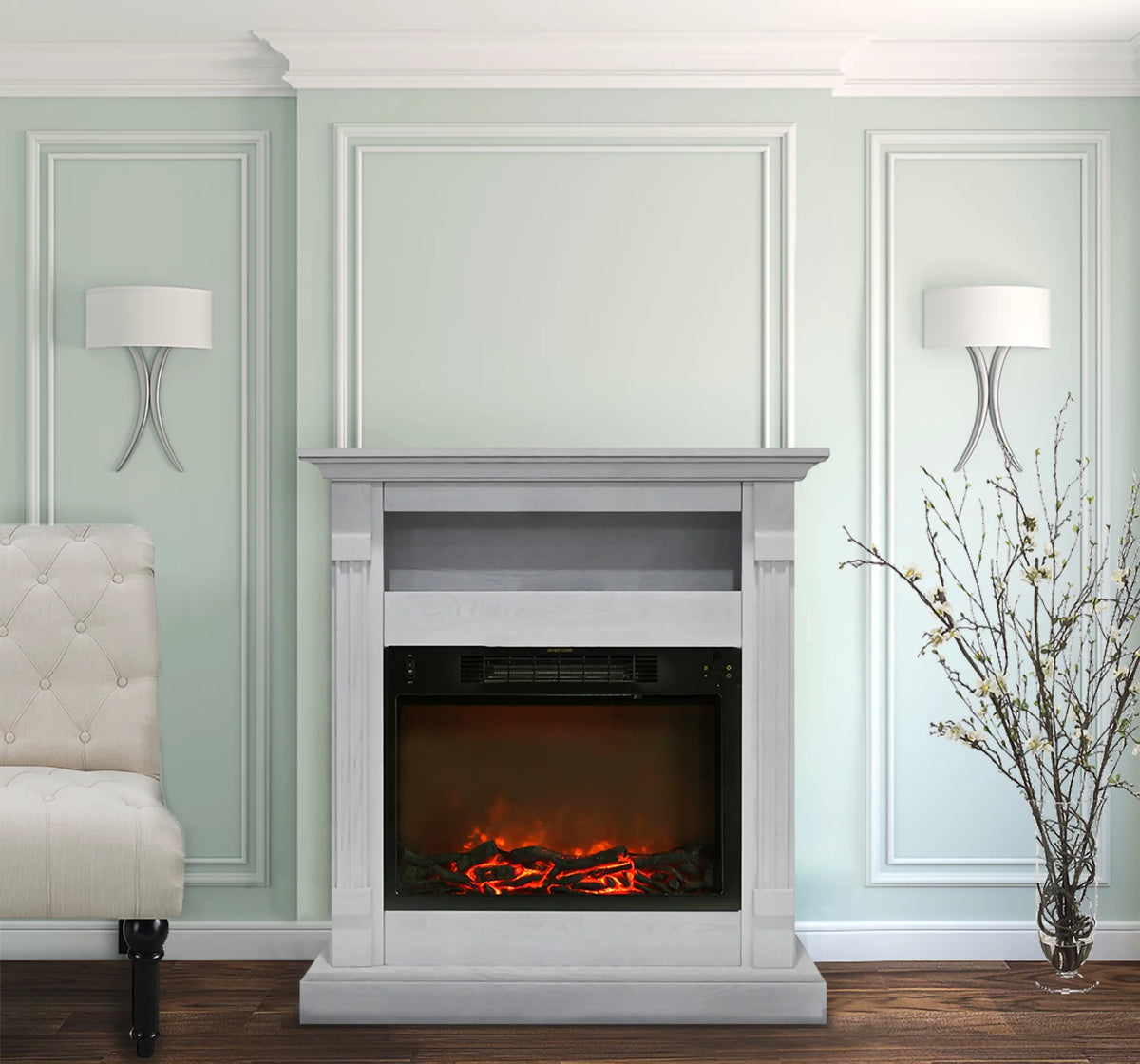 34" Freestanding White Electric Fireplace Heater with Storage Shelf & Remote Control J4860