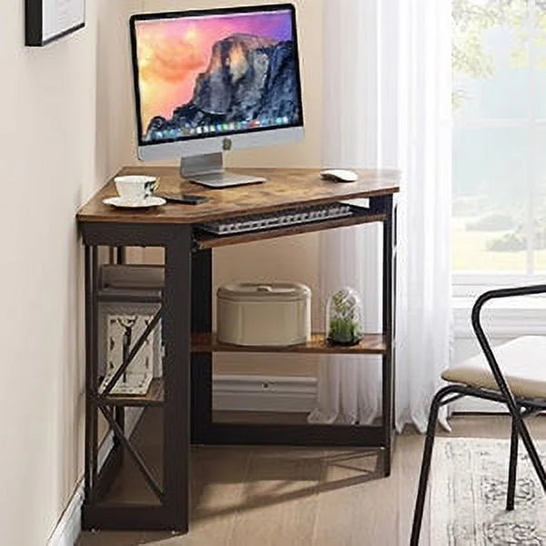 Corner Computer Desk & Chair Set, Adjustable Height Office Chair, Antique Brown Y9574