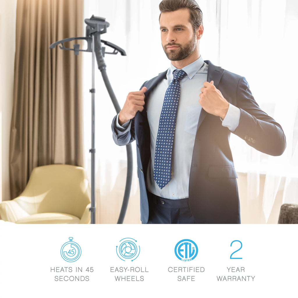 Standing Steamer with Garment Hanger, Fabric Brush and Easy-roll Wheels P854144
