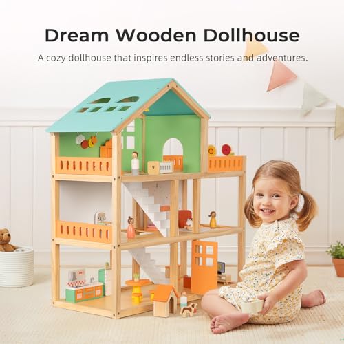 Large Wooden 3-Story Dollhouse with 42 Pcs Furniture T782