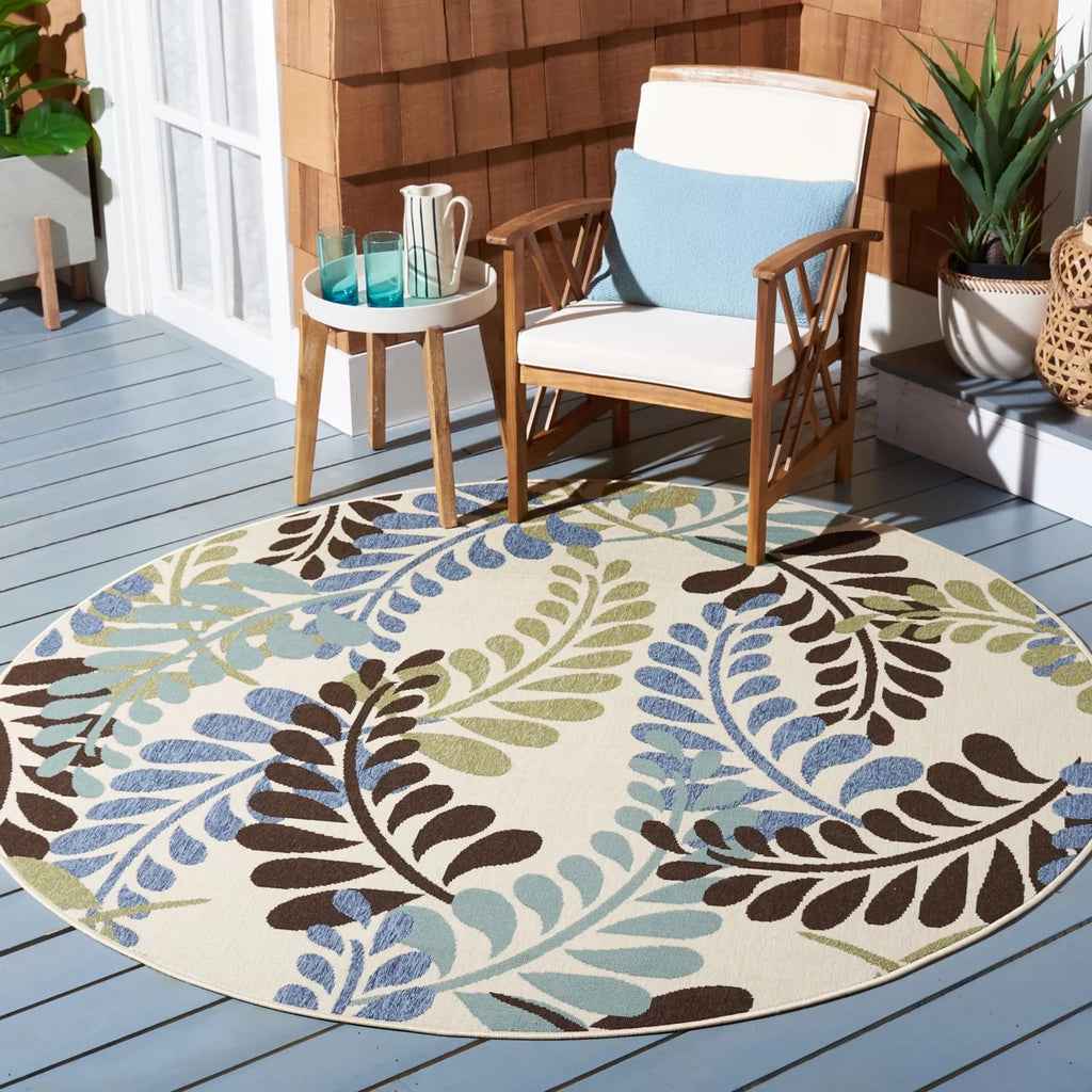 Cream Aqua Floral Indoor/Outdoor Area Rug X62352