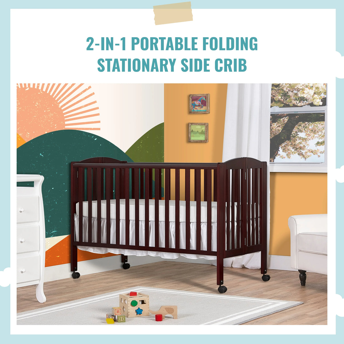 Full Size 2-in-1 Folding Stationary Side Crib with Locking Wheels, Espresso J2633