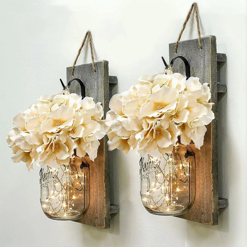 Set of 2 Grey Mason Jar Wall Sconces with Hooks O89284