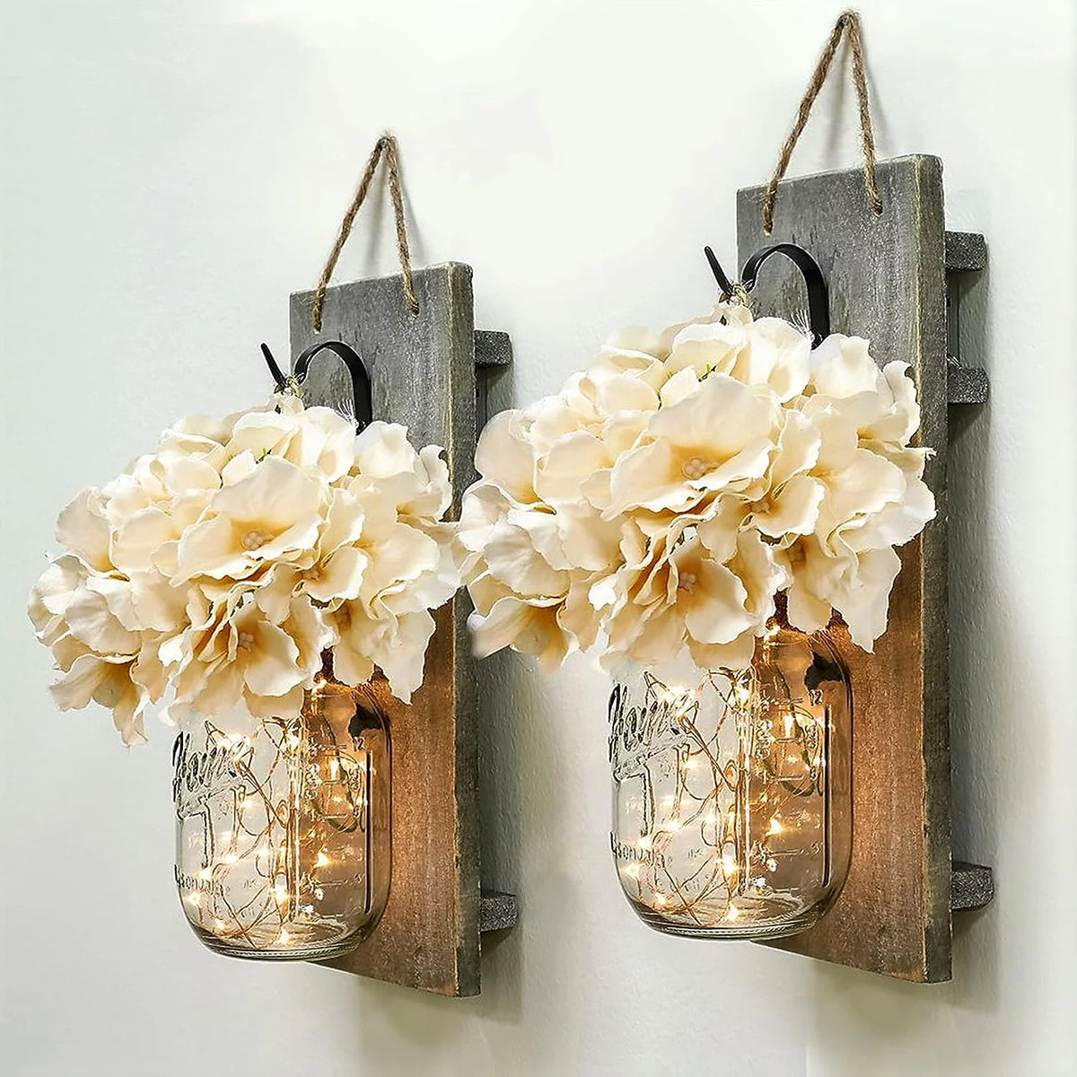 Set of 2 Grey Mason Jar Wall Sconces with Hooks O89284