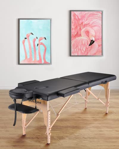 Portable Massage Table Wooden Frame Height Adjustment Black 3-Section H1927