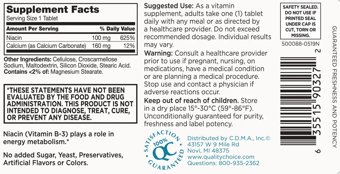 Niacin 100mg Vitamin B-3 Tablets, 60 Count Y6164