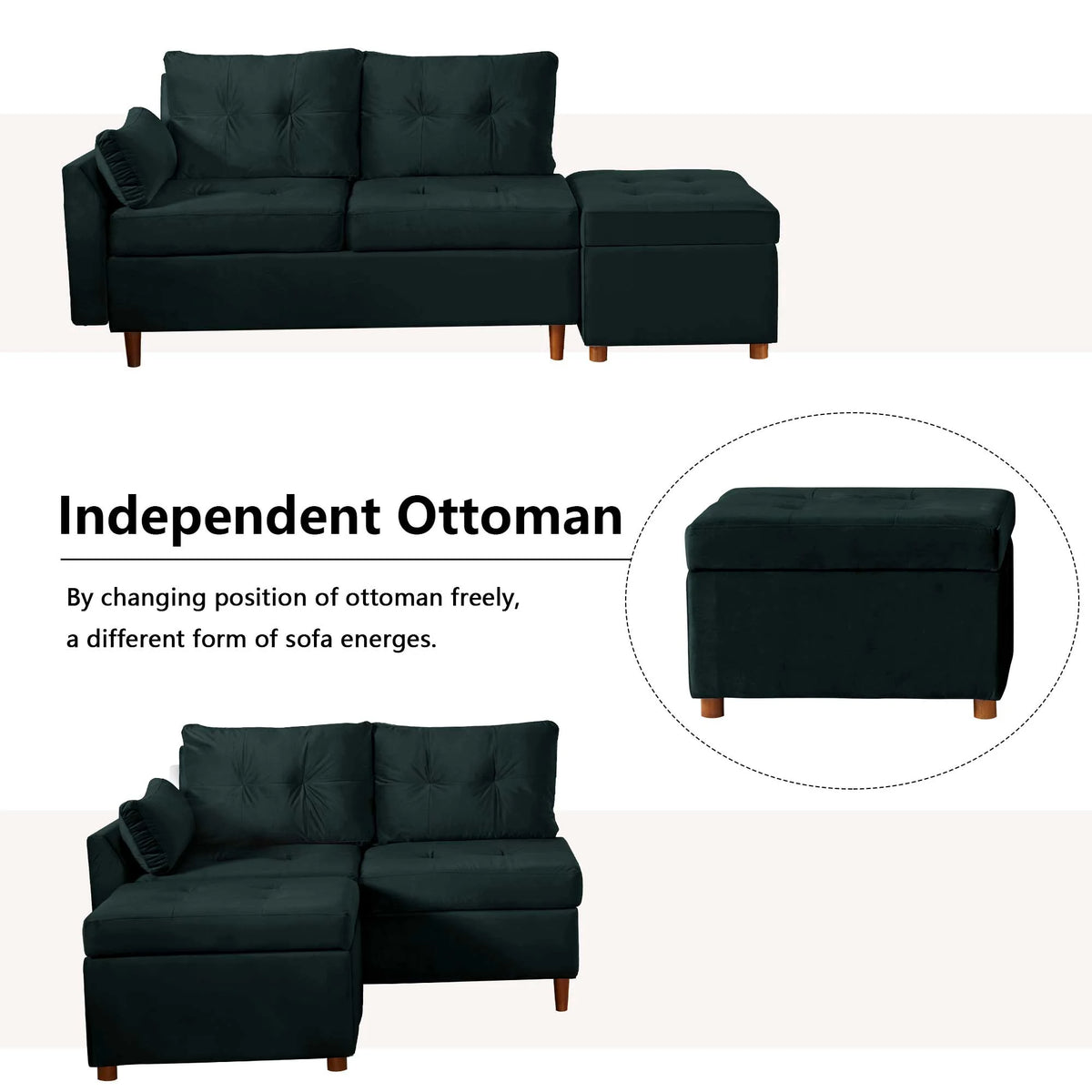 Velvet 2-3 Seat Sectional Sofa with Storage Ottoman V834