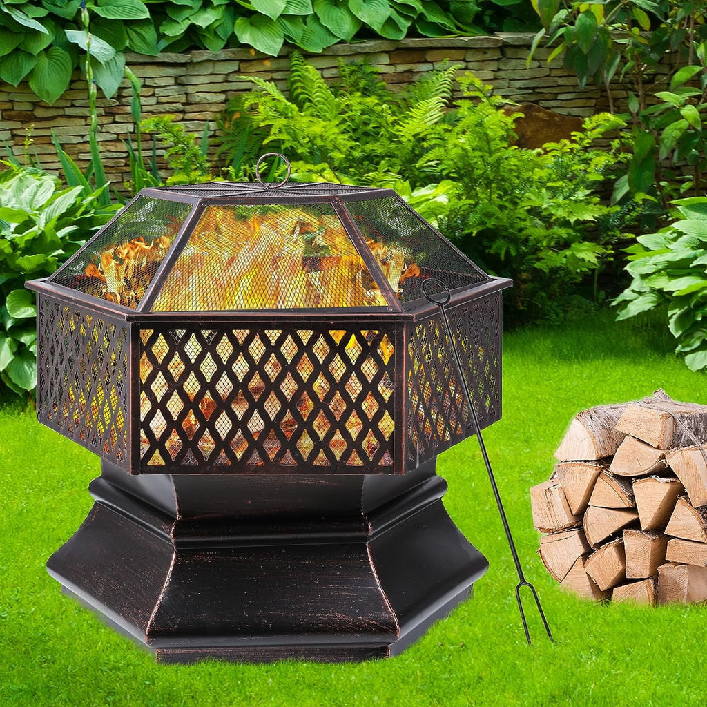 28'' Hex Shaped Steel Wood Burning Fire Pit with Spark Screen & Fire Poker L63982