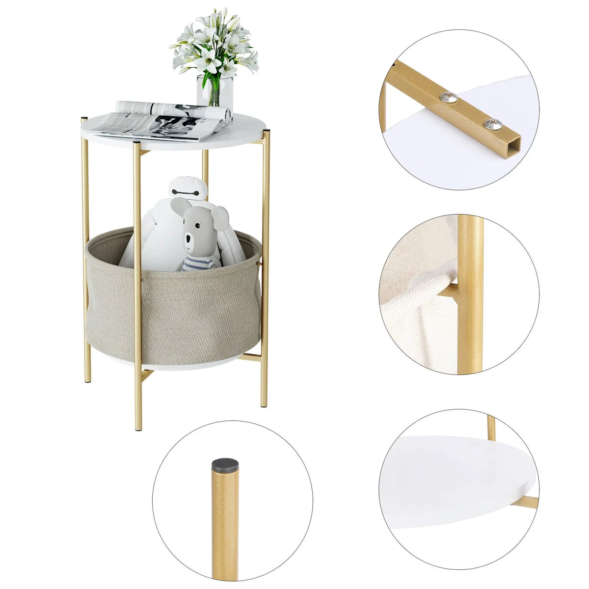 White and Gold Round Nightstand with Storage Pocket R93804
